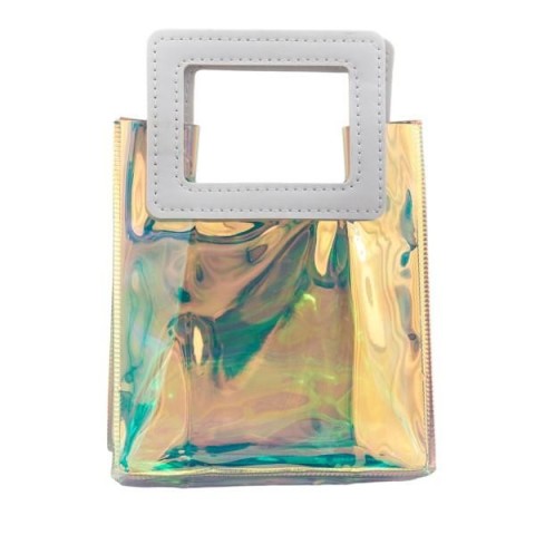 BUSTA PVC IRIDESCENTE CON MANICO PELLE H14X13X6.8